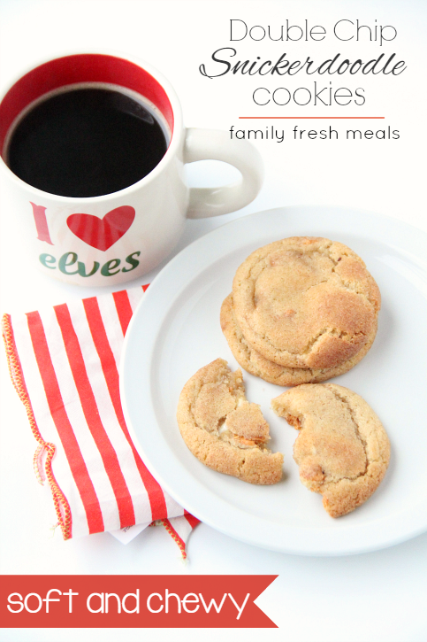 Soft and Chewy Double Chip Snickerdoodle Cookies on a white plate next to a cup of coffee