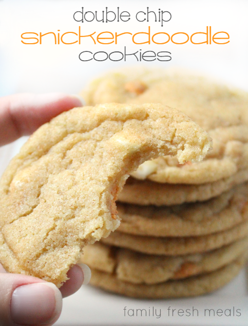 hand holding a double chip snickerdoodle cookie with bites taken out of it