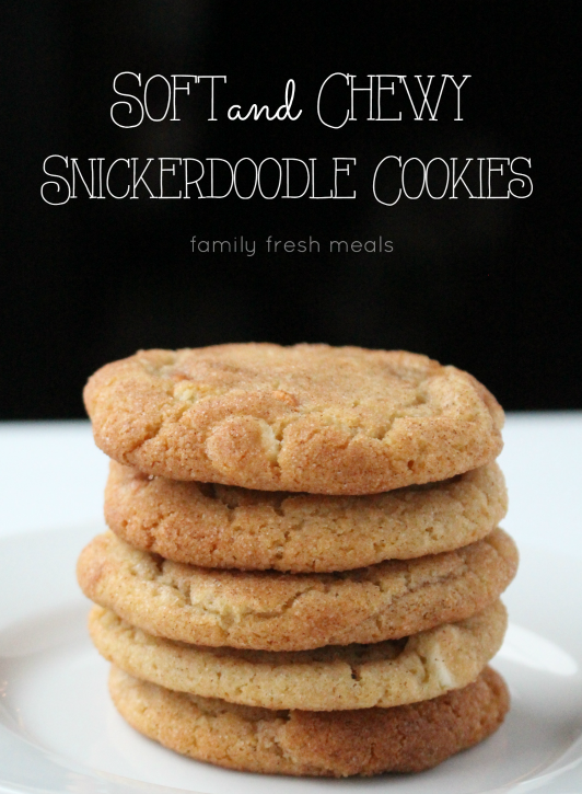 Soft and Chewy Double Chip Snickerdoodle Cookies stacked on a plate