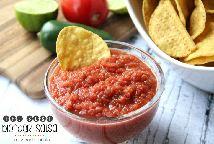 blender salsa in a glass bowl with tortilla chips