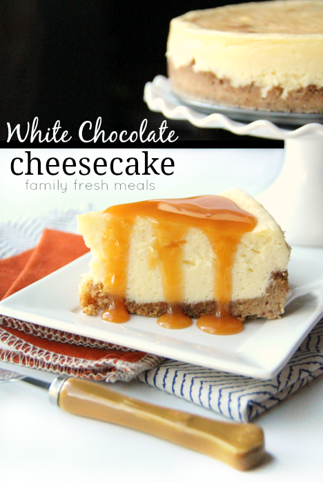 White Chocolate Cheesecake Slice on a plate with caramel sauce on top