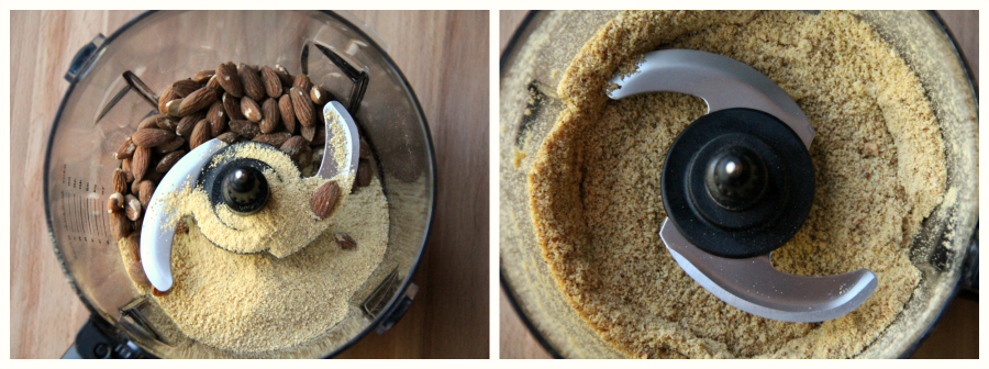2 images showing the grinding of crackers, almonds and sugar in a food processor.