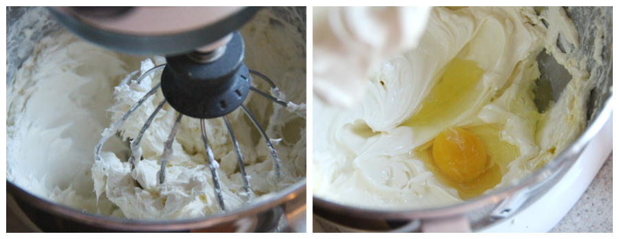 two images showing cream cheese, sugar, egg and vanilla in a mixing bowl