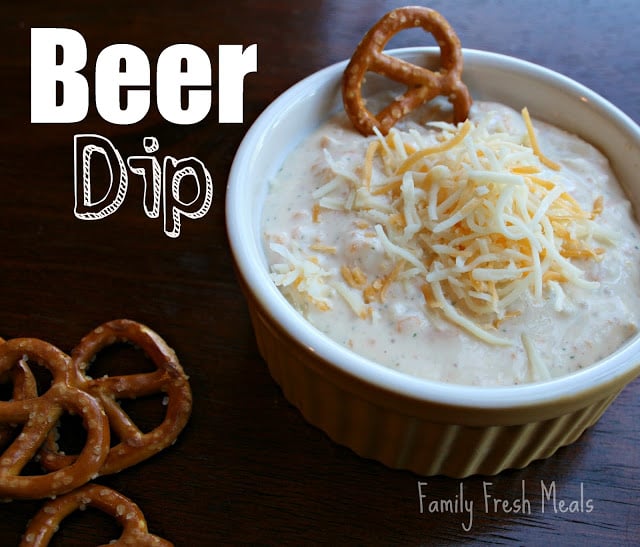 30 Easy Appetizers People LOVE - Beer Dip in a small dish with pretzels