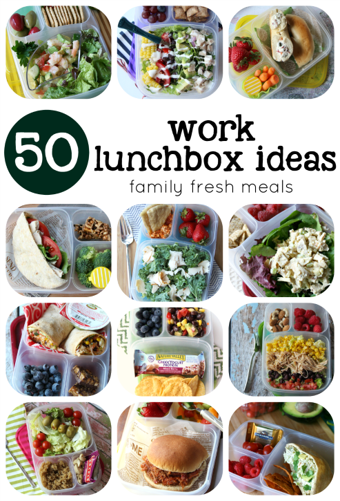 Collage image showing 12 different packed lunch box ideas