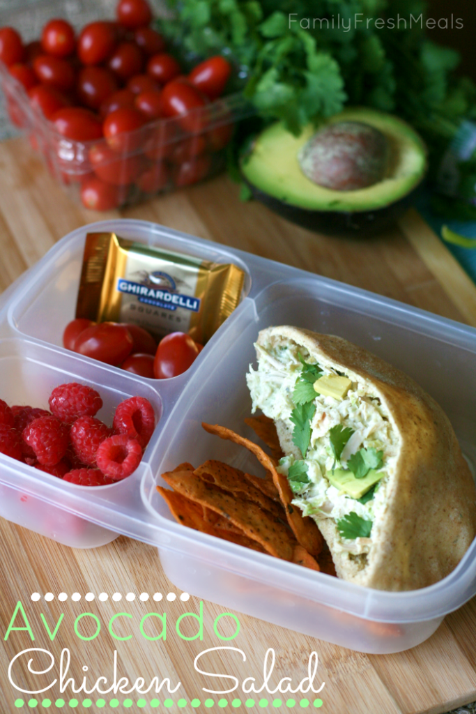 Avocado Chicken Salad in a pita, packed in a plastic lunchbox