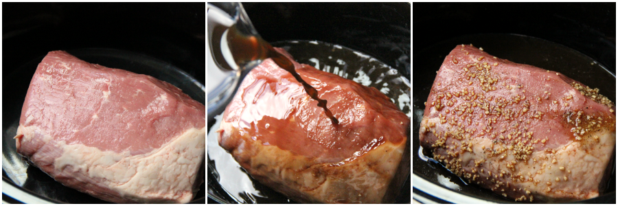 Slow cooker beef roast with sauce and spices in a slow cooker