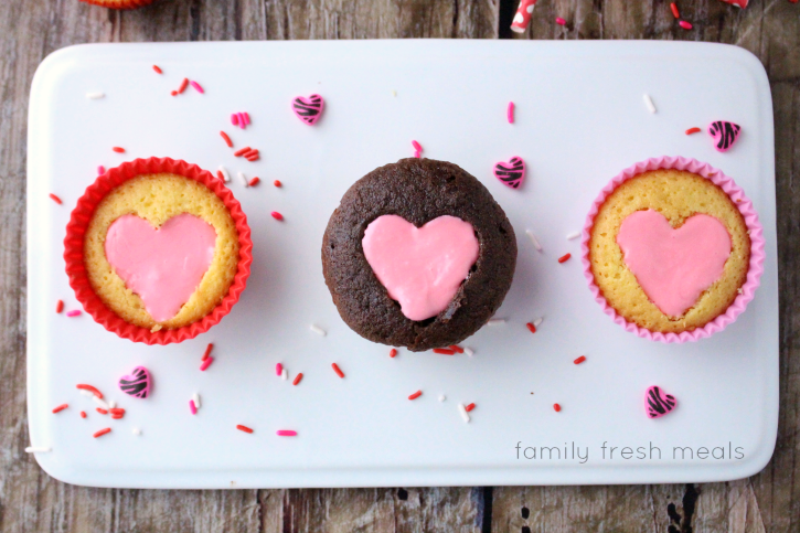 Three Easy Heart Valentine Cupcakes on a white plater