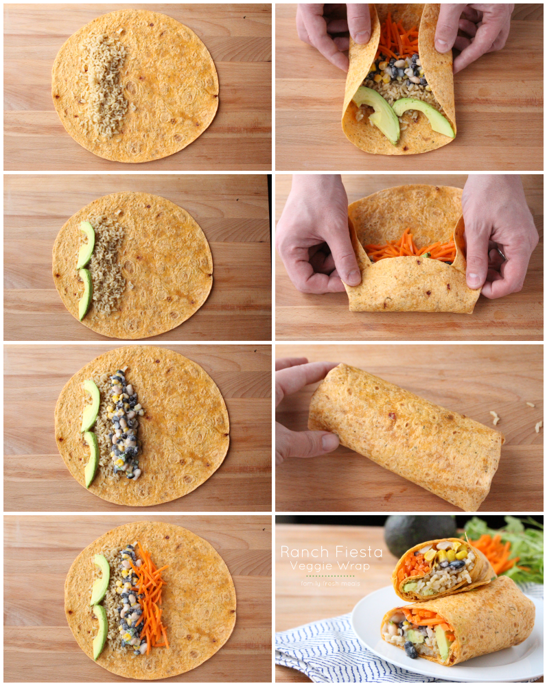 Collage image showing the steps of how to make the Easy Ranch Fiesta Veggie Wrap Recipe 