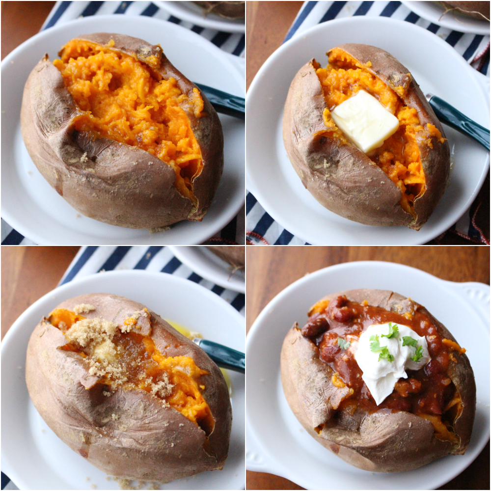 collage image of 4 different sweet potatoes with different toppings