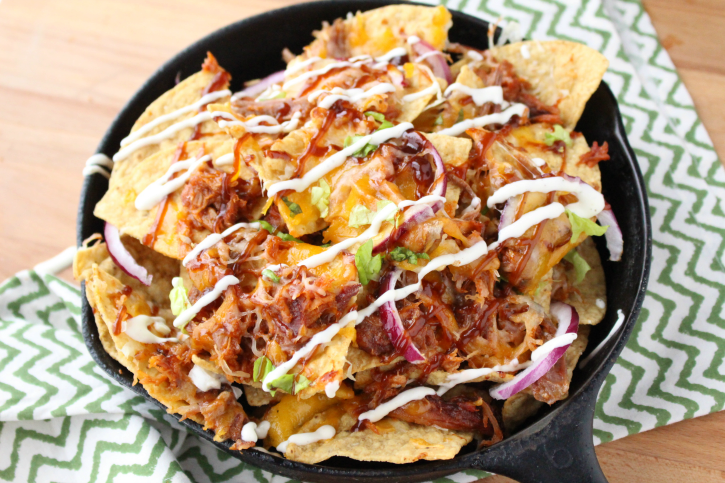 Pulled Pork Nachos in a cast iron skillet