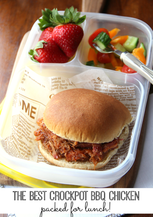 BBQ Chicken sandwich packed in a lunch box with fruit and veggies