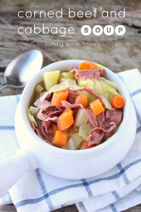 Corned beef and cabbage soup in a white bowl