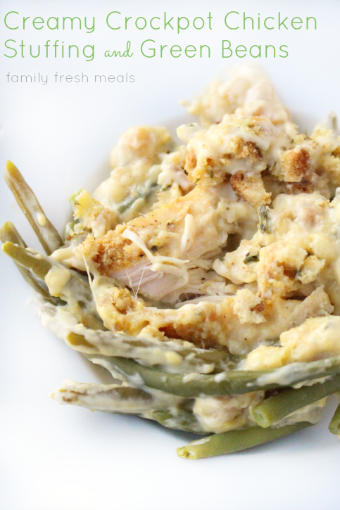 Creamy Crockpot Chicken Stuffing and Green Beans served on a white plate