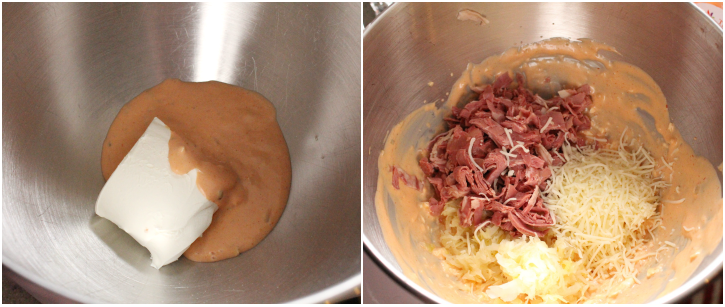 Reuben Dip - Cream cheese, dressing, corned beef, and cheese in a mixing bowl 