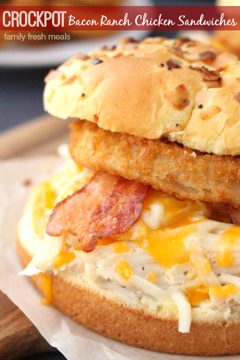 Close up image of Crockpot Bacon Ranch Chicken Sandwiches 