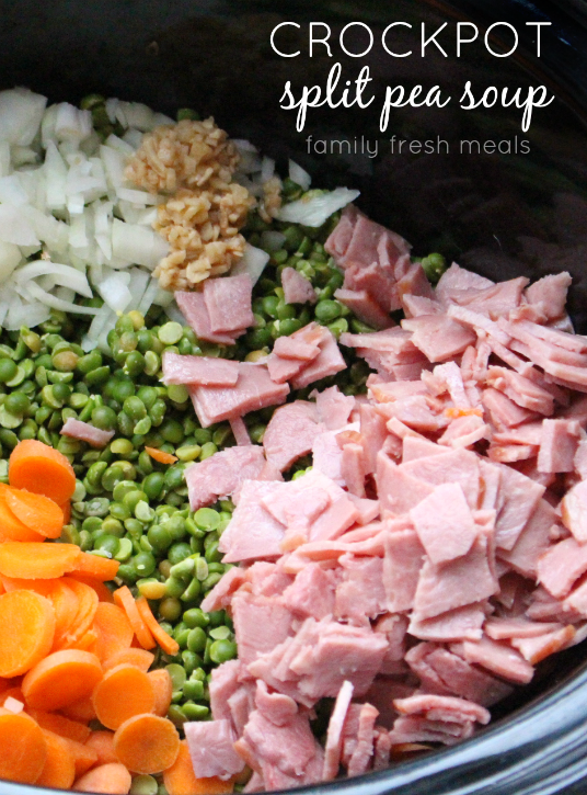 Ingredients for Crockpot Split Pea Soup in a slow cooker