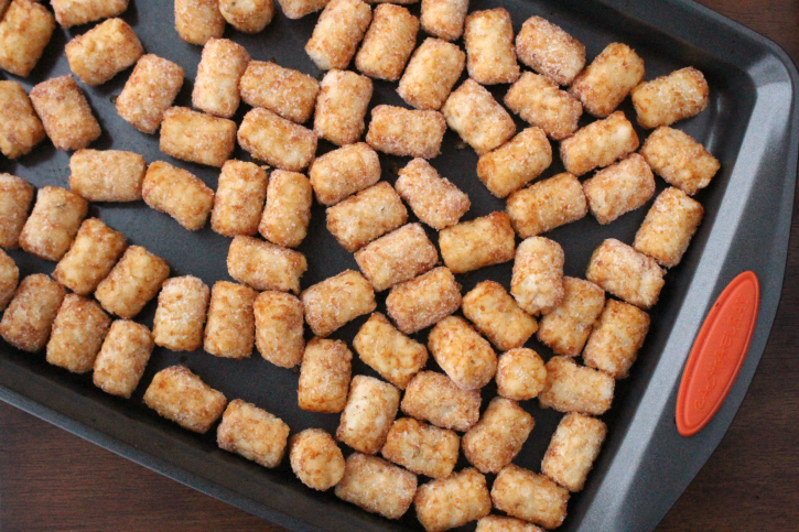 Frozen Tater Tots on a baking sheet