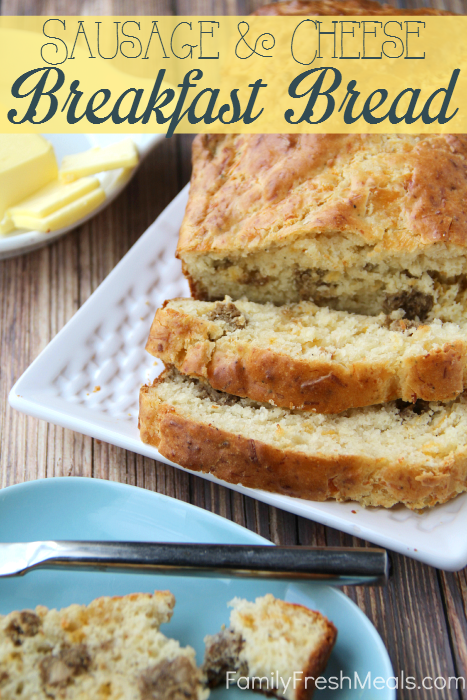 Savory Sausage and Cheese Breakfast Bread sliced on a serving platter