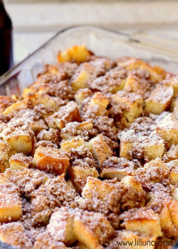 french toast bake in a glass baking dish