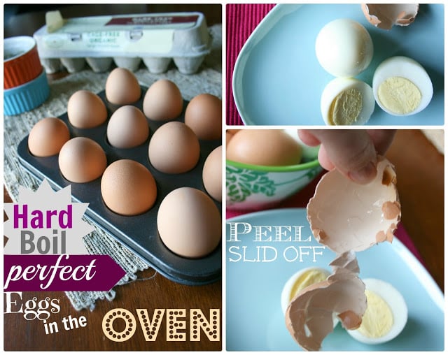 collage image showing the steps of how to make hard boiled eggs in oven