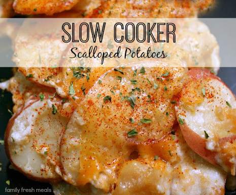 slow cooker scalloped potatoes on a black plate