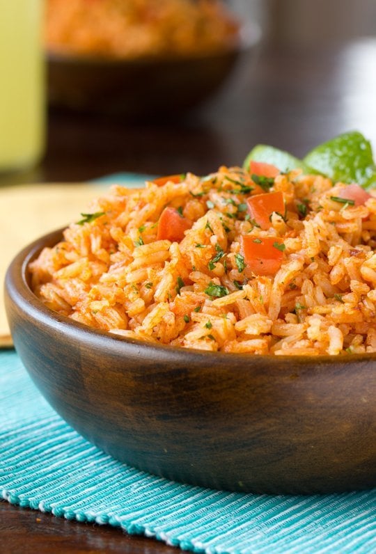 Mexican style rice in a wooden bowl