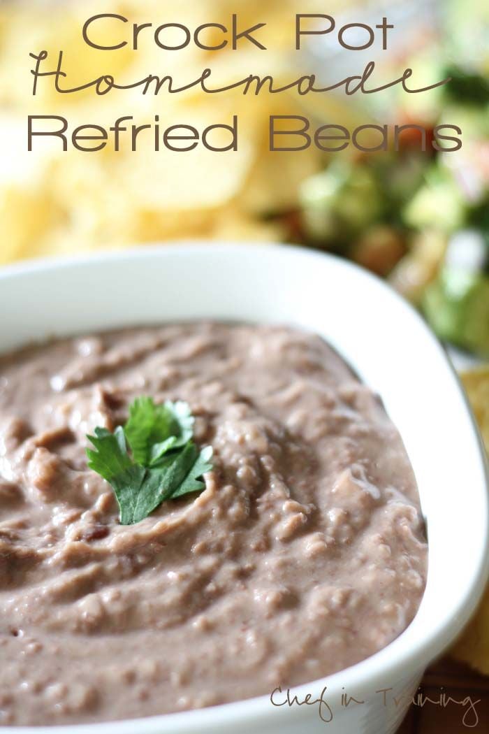 Crockpot Refried Beans in a white bowl