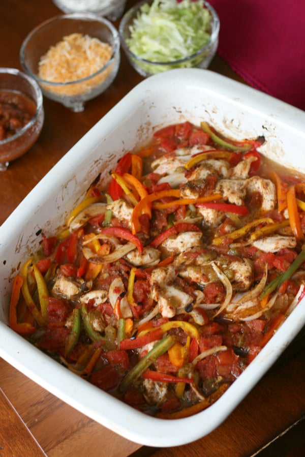 Baked Fajitas in a white baking dish