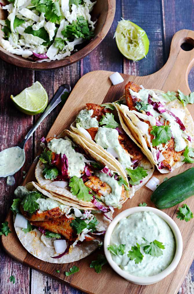 Blackened Fish Tacos on a cutting board