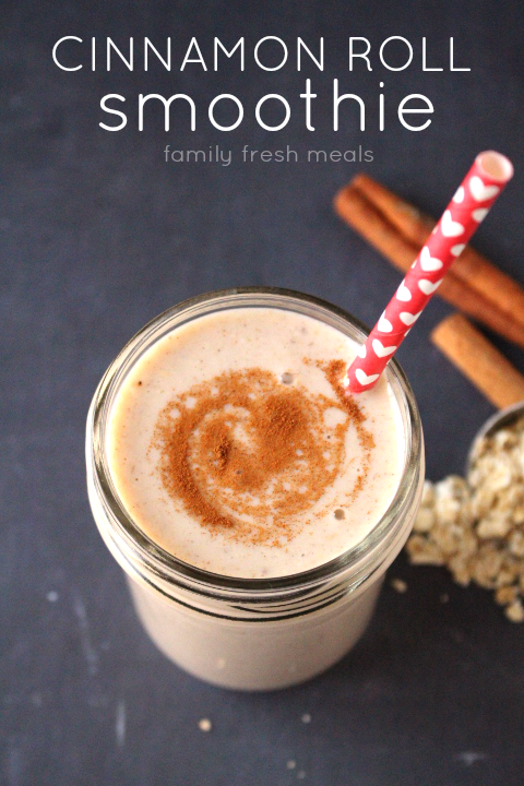 Cinnamon Roll Smoothie in a glass with a straw