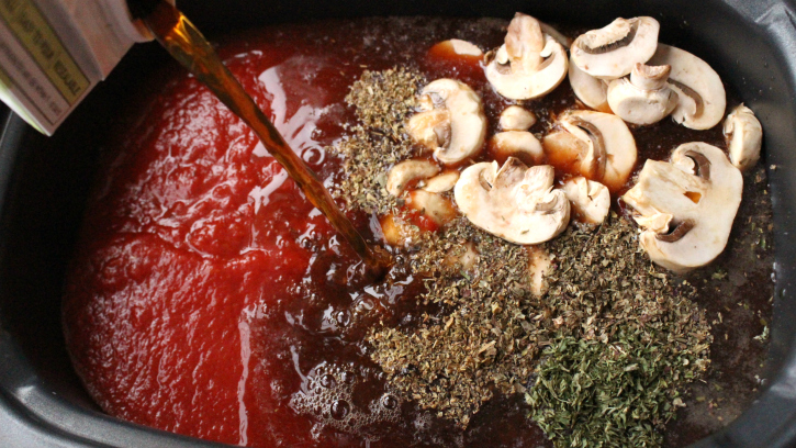 Ingredients for Hearty Slow Cooker Lasagna Soup in a crockpot