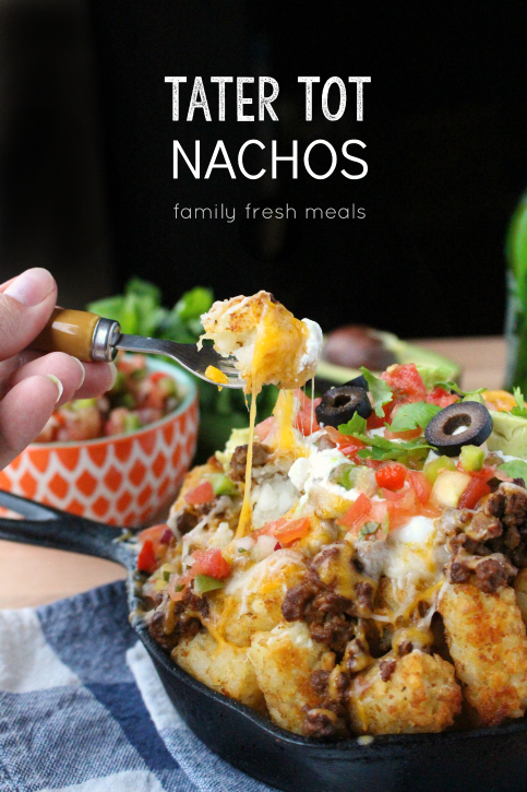 Tater Tot Nachos in a cast iron skillet