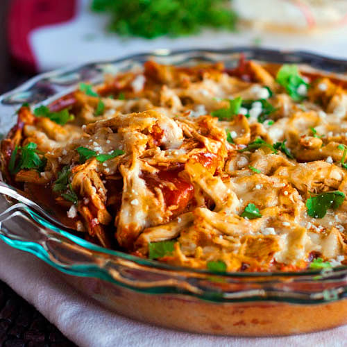 Chicken Tamale Pie in a glass baking dish