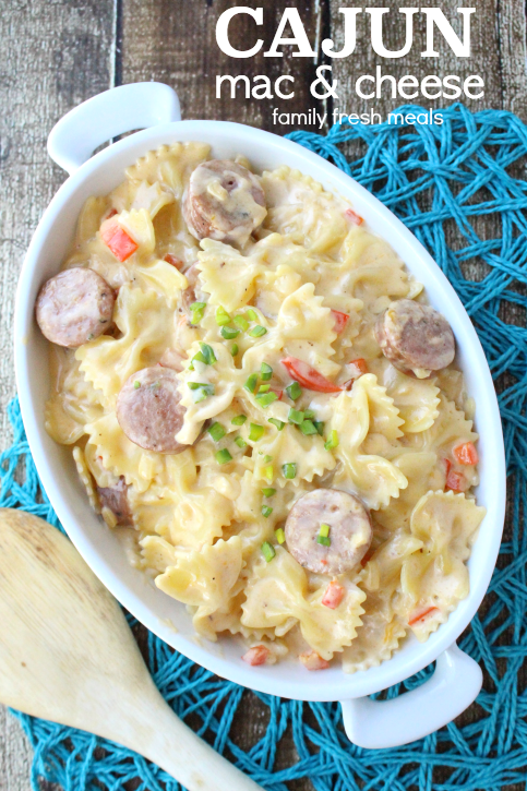 Cajun Mac and Cheese in a white serving dish