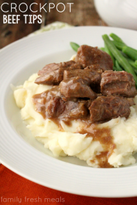 Easy Crockpot Beef Tips and Gravy - FamilyFreshMeals.com - My family loves this one!