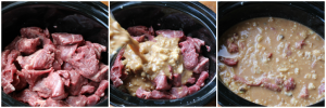 3 images showing beef tips and gravy in the slow cooker