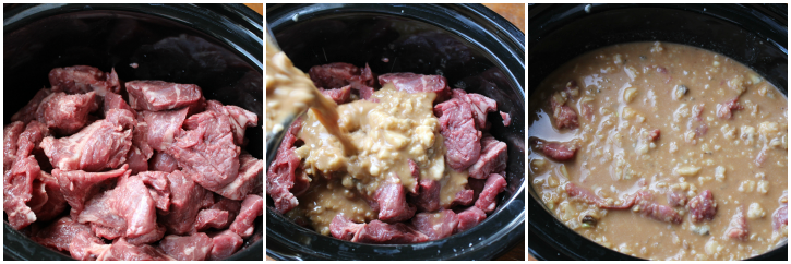 placing beef, and gravy mixture in the slow cooker 