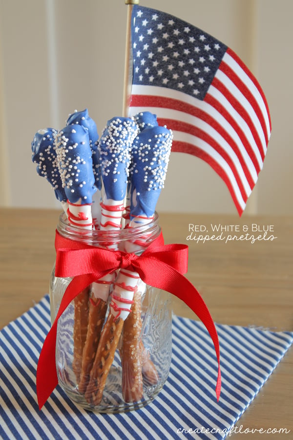 Red White and Blue Dipped Pretzels in a white jar