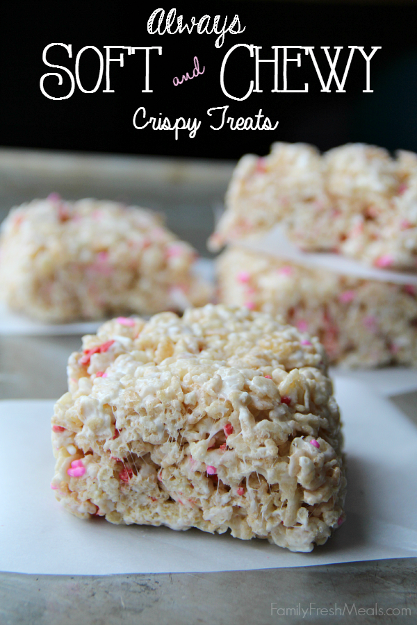 Always soft and chewy rice crispy treats served on a white plate