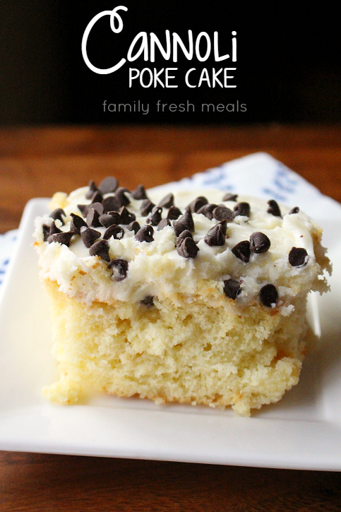 Cannoli Poke Cake served on a plate