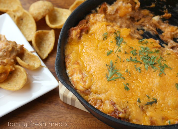 Cheesy BBQ Pulled Pork Dip in a cast iron pan