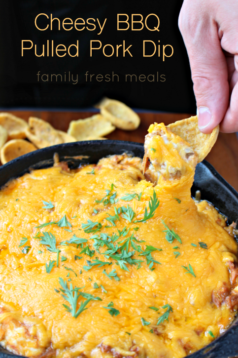 Cheesy BBQ Pulled Pork Dip in a cast iron skillet