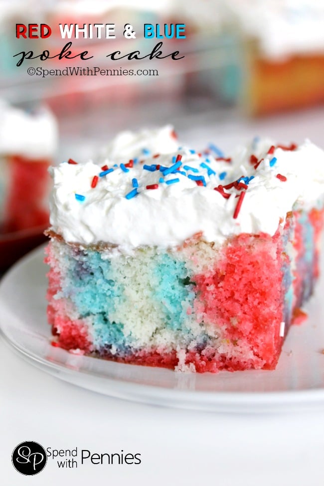 Red White Blue Poke Cake on a piece of plate