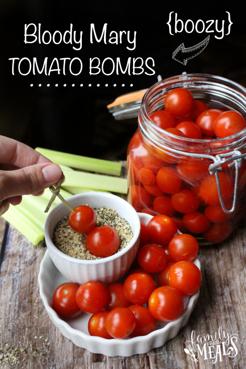 Boozy Bloody Mary Tomato Bombs - some in a dish, some in a glass jar