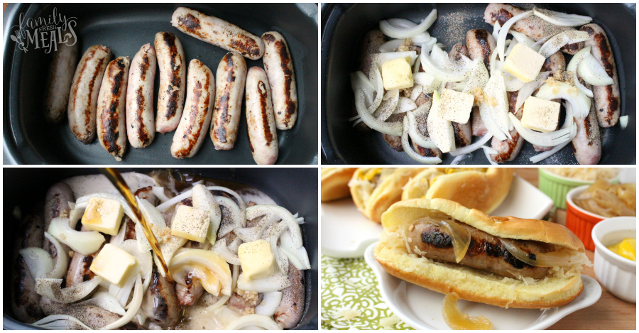 Collage image showing the steps of how to cook beer brats in the slow cooker