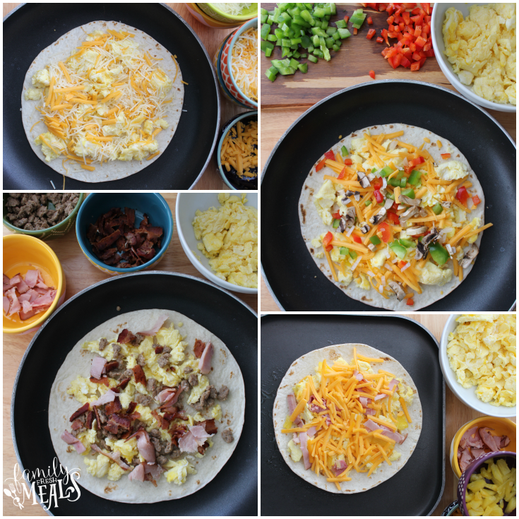 Collage image showing How to make freezer friendly breakfast burritos