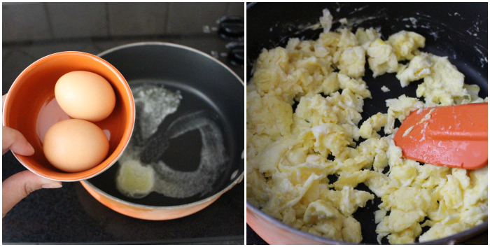Freezer Breakfast Quesadillas - Scramble eggs in a pan