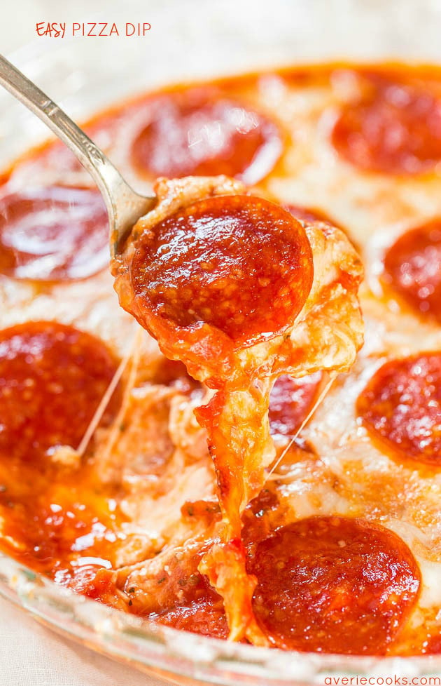 Pizza Dip in a glass dish