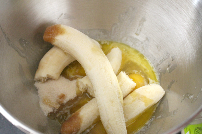 bananas, butter, sugar, egg, and vanilla in a mixing bowl